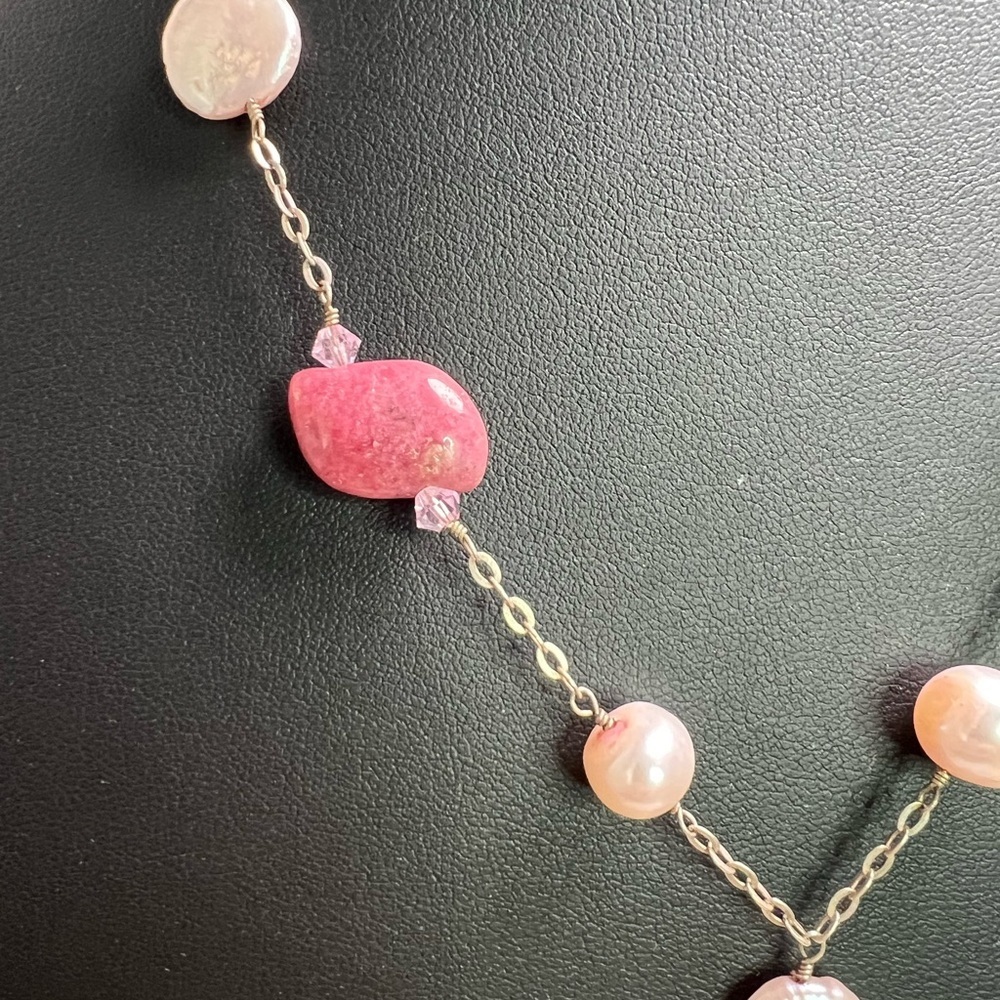 Freshwater Pink Coin Pearls & Stone Necklace 925 22” B21 - Picture 3 of 4